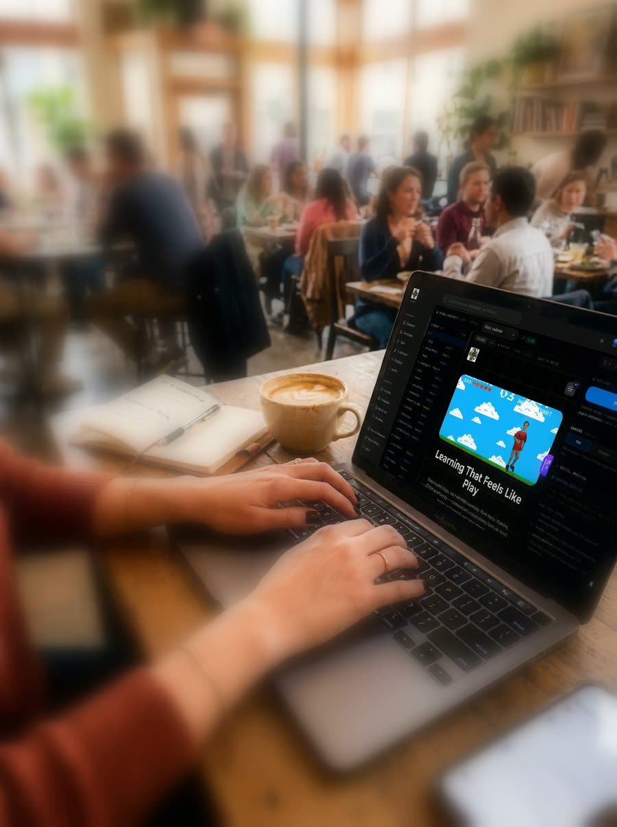 Working on a laptop in a busy cafe, the screen the only thing in focus
